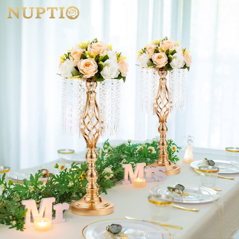 NUPTIO 2 Pcs 19.3 inches Gold Centerpieces Table Tall Crystal Flowers Stand Wedding Road Lead Flower Holders Crystal Chandelier Metal for Reception Tables Supplies - Image 2